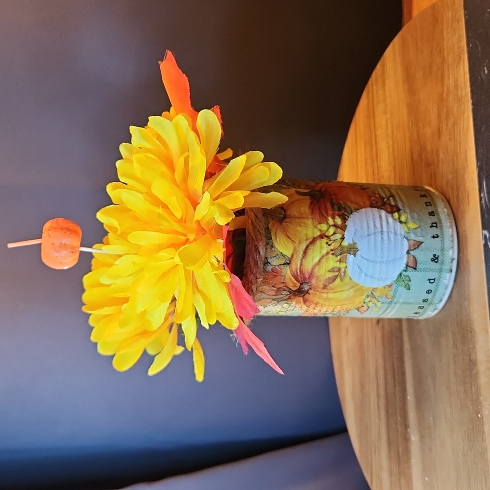Decoupage Upcycled Tin with Faux Fall Flowers 4 1/2 in tall